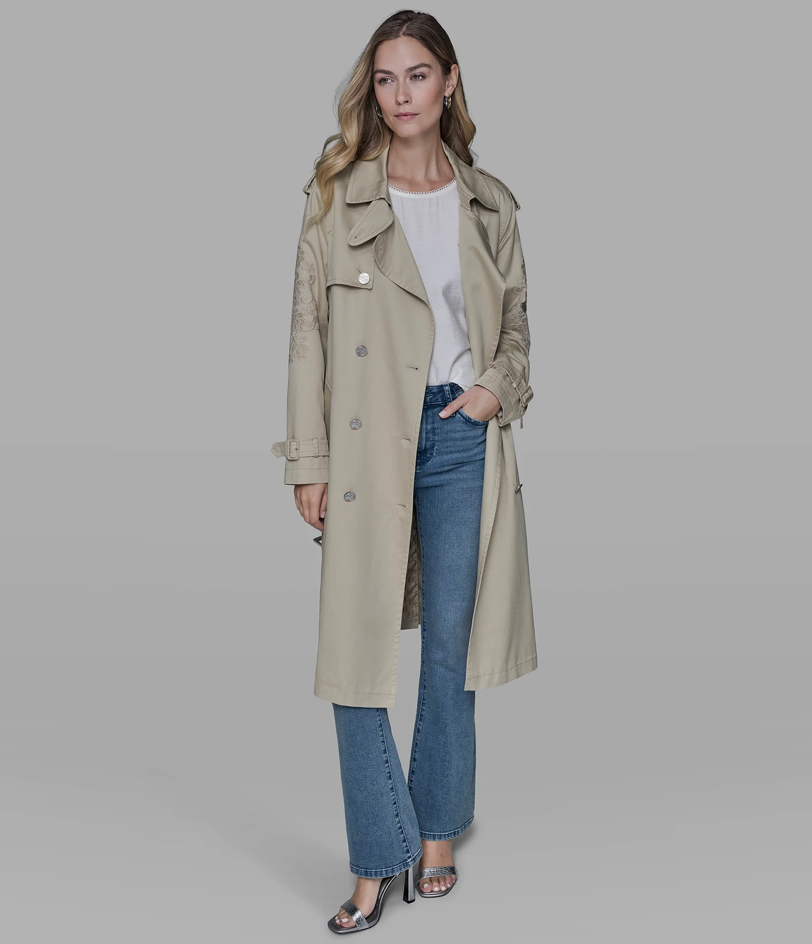 FLORAL APPLIQUE TRENCH COAT