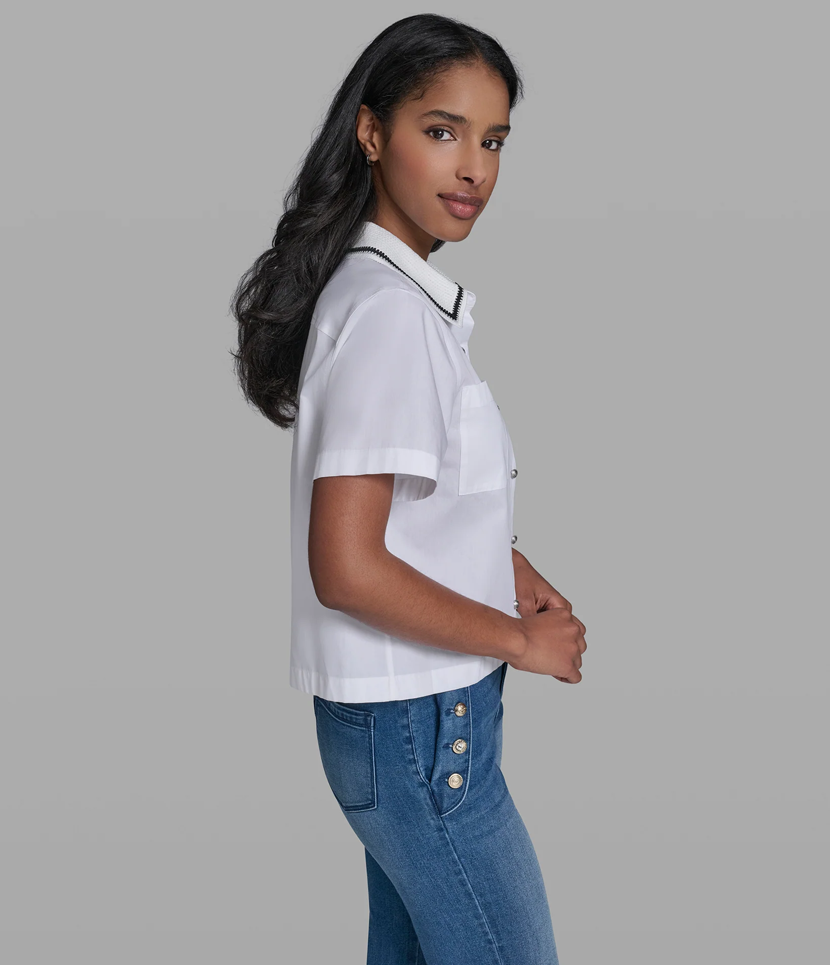 SHORT SLEEVE CROCHET COLLAR POPLIN SHIRT - Image 3