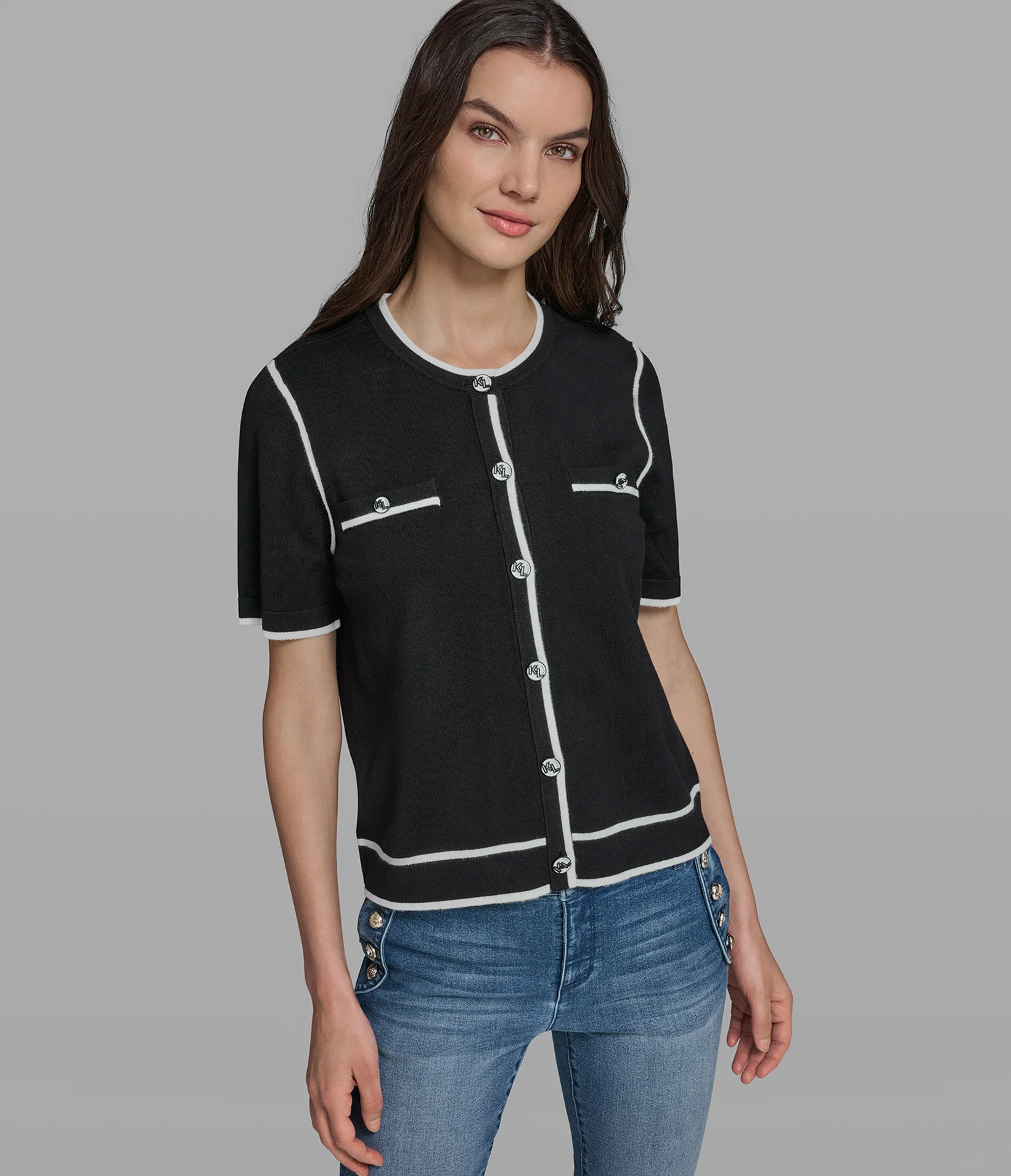 SHORT SLEEVE CARDIGAN WITH CONTRAST TRIM