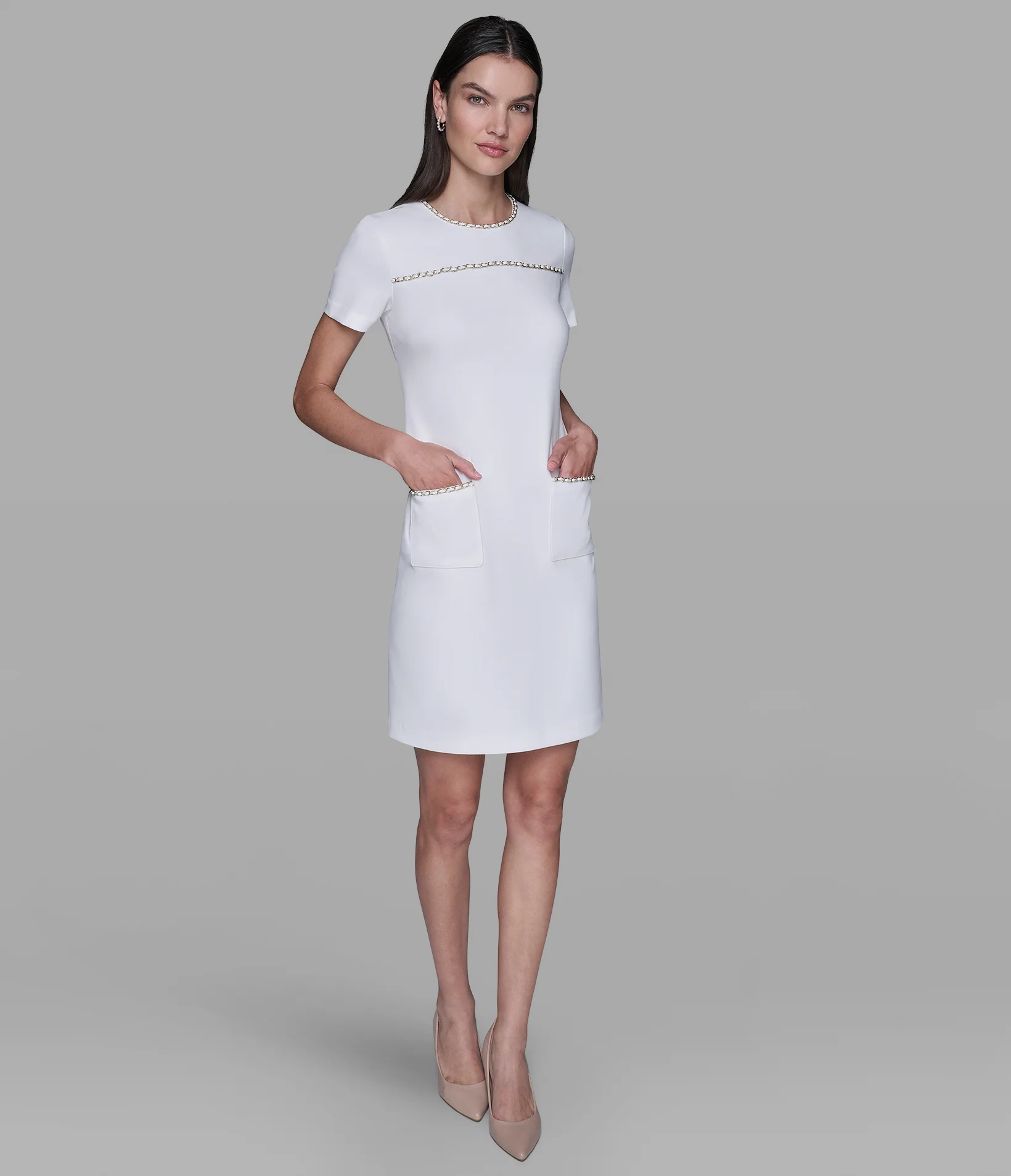 SCUBA CREPE SHIFT DRESS WITH CHAIN TRIMS