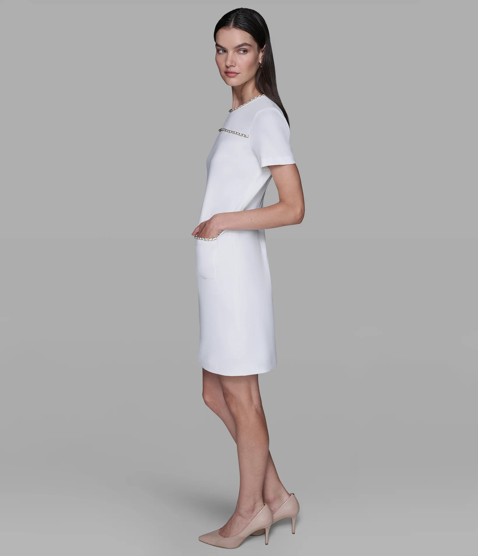 SCUBA CREPE SHIFT DRESS WITH CHAIN TRIMS - Image 3
