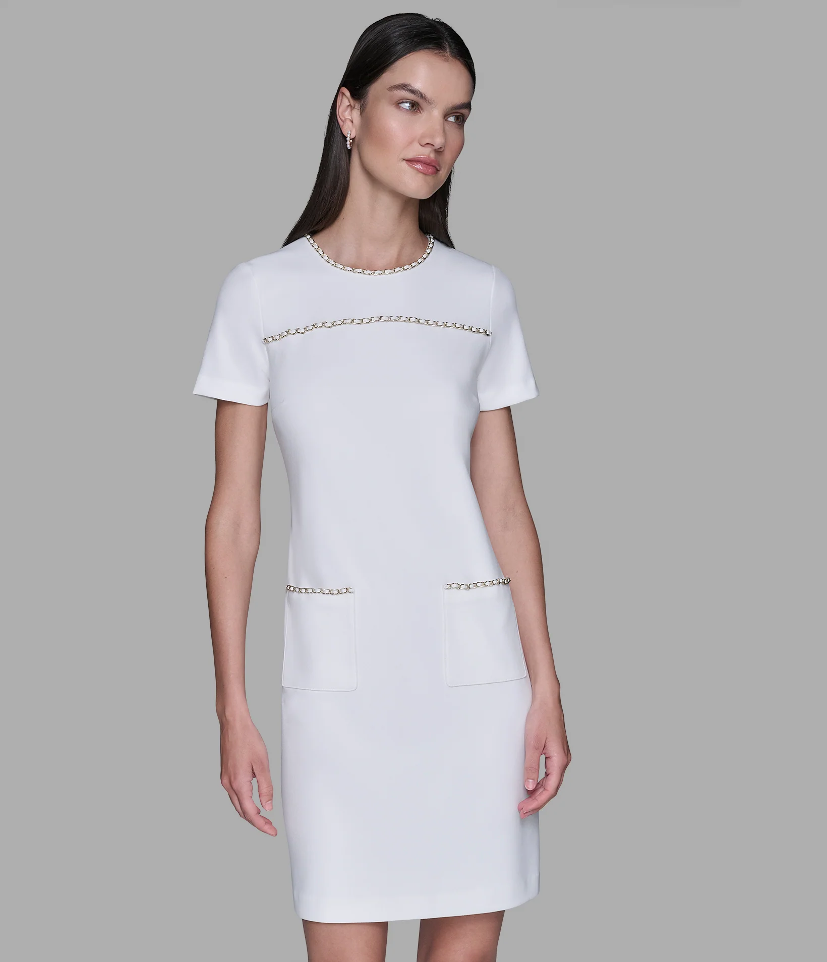 SCUBA CREPE SHIFT DRESS WITH CHAIN TRIMS - Image 4