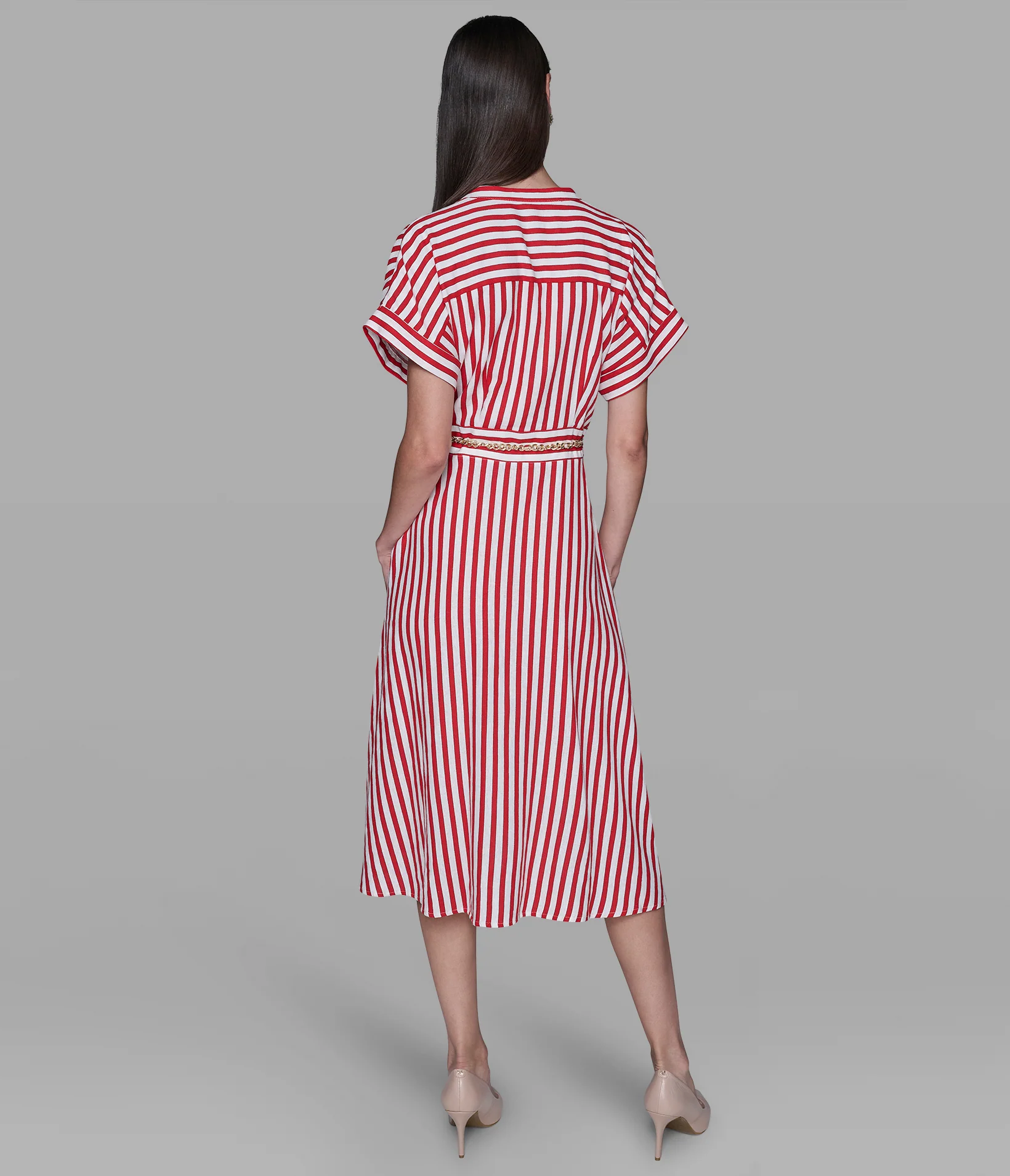 STRIPED LINEN MIDI DRESS WITH CHAIN BELT - Image 2