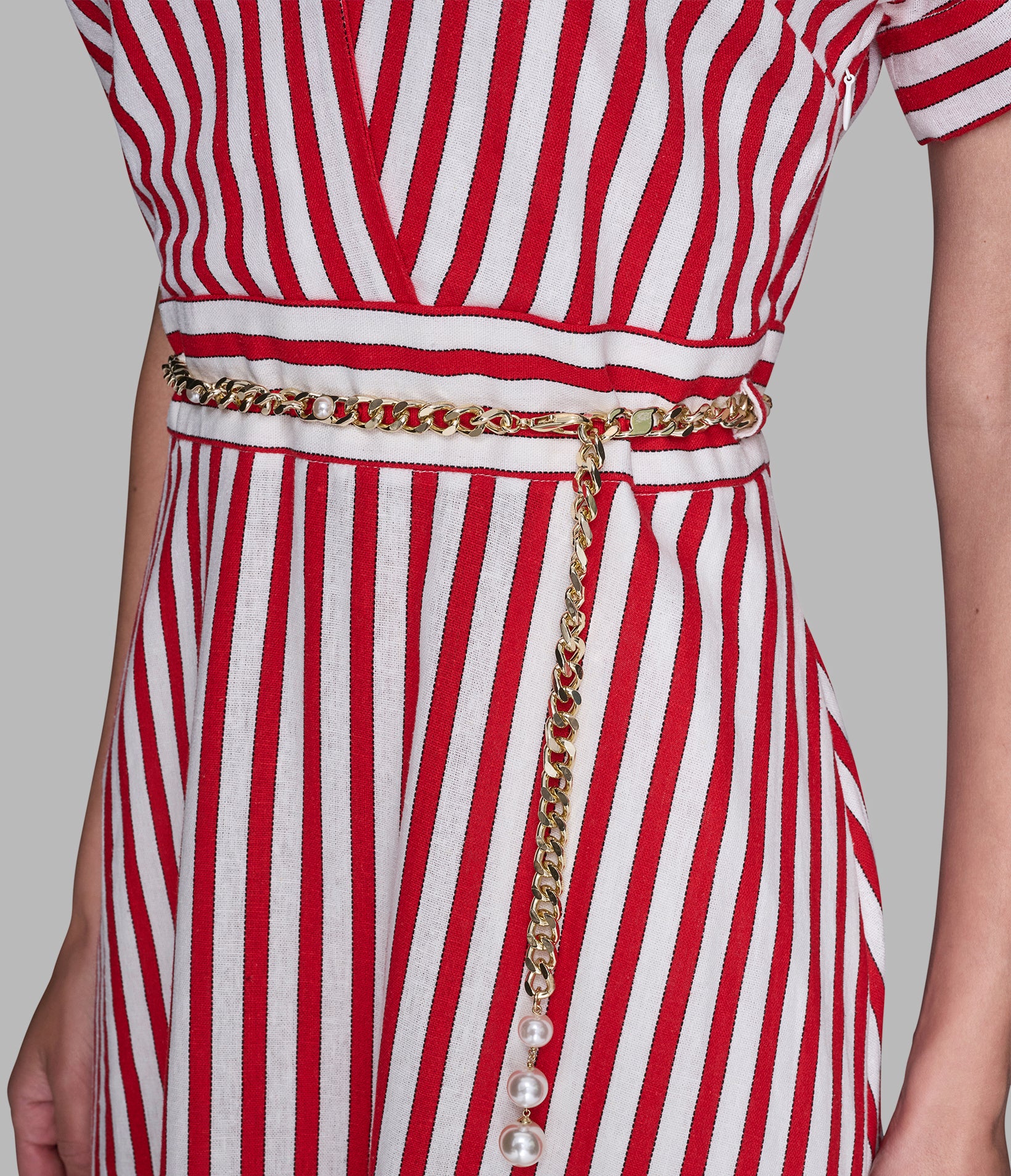 STRIPED LINEN MIDI DRESS WITH CHAIN BELT - Image 3