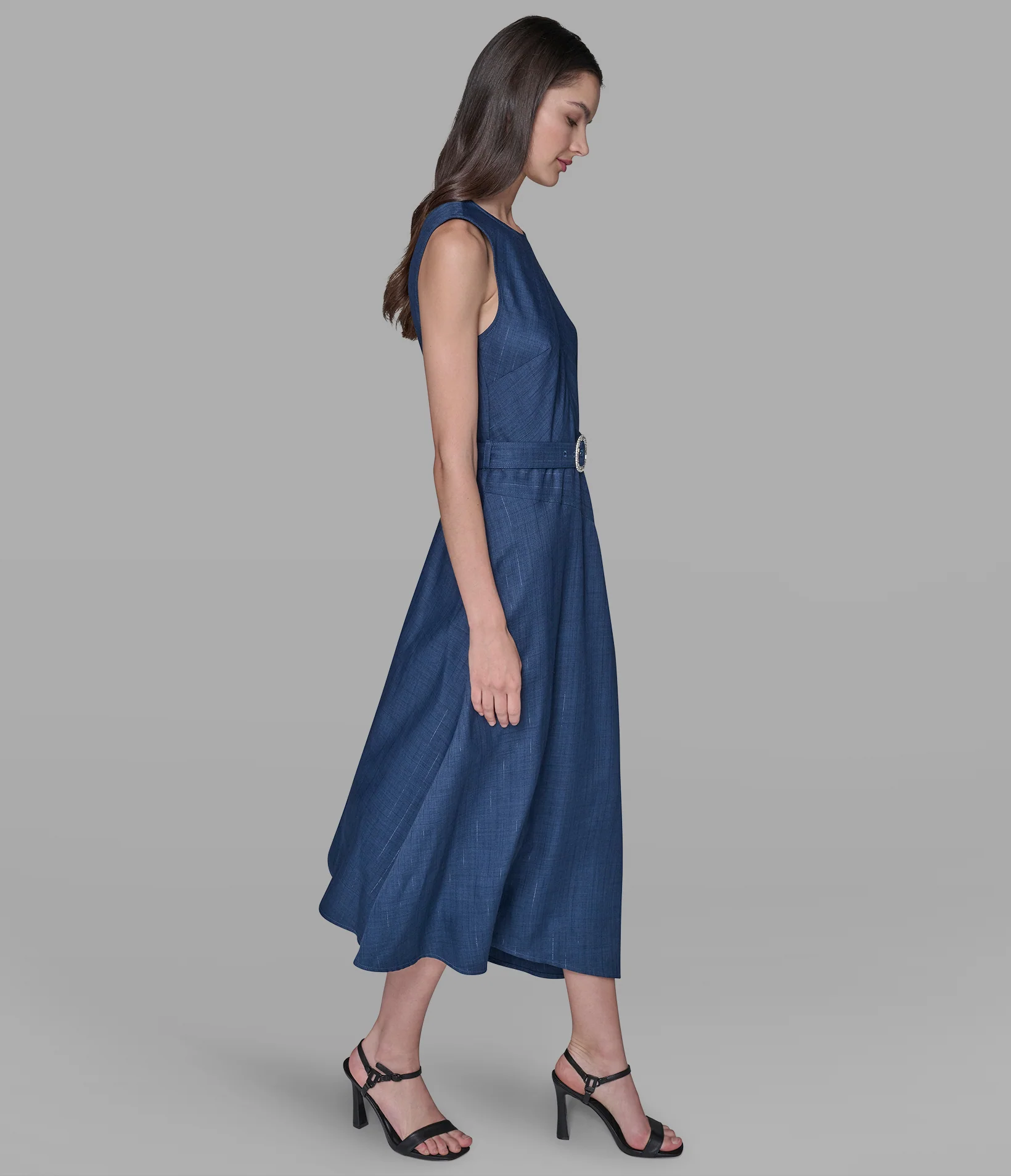 BELTED PINSTRIPE DENIM MIDI DRESS - Image 3