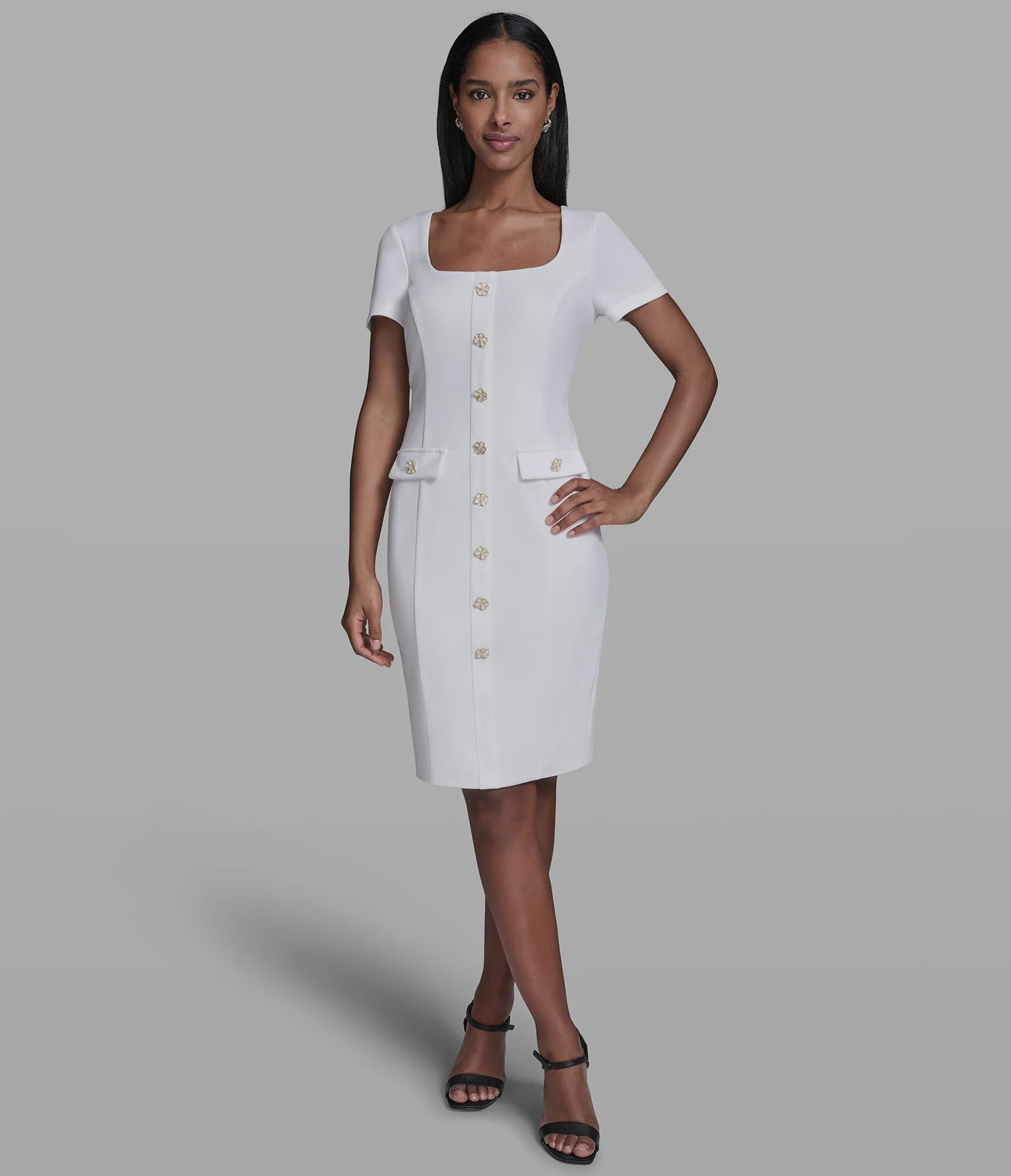 SCUBA CREPE SHEATH DRESS WITH FLOWER BUTTONS