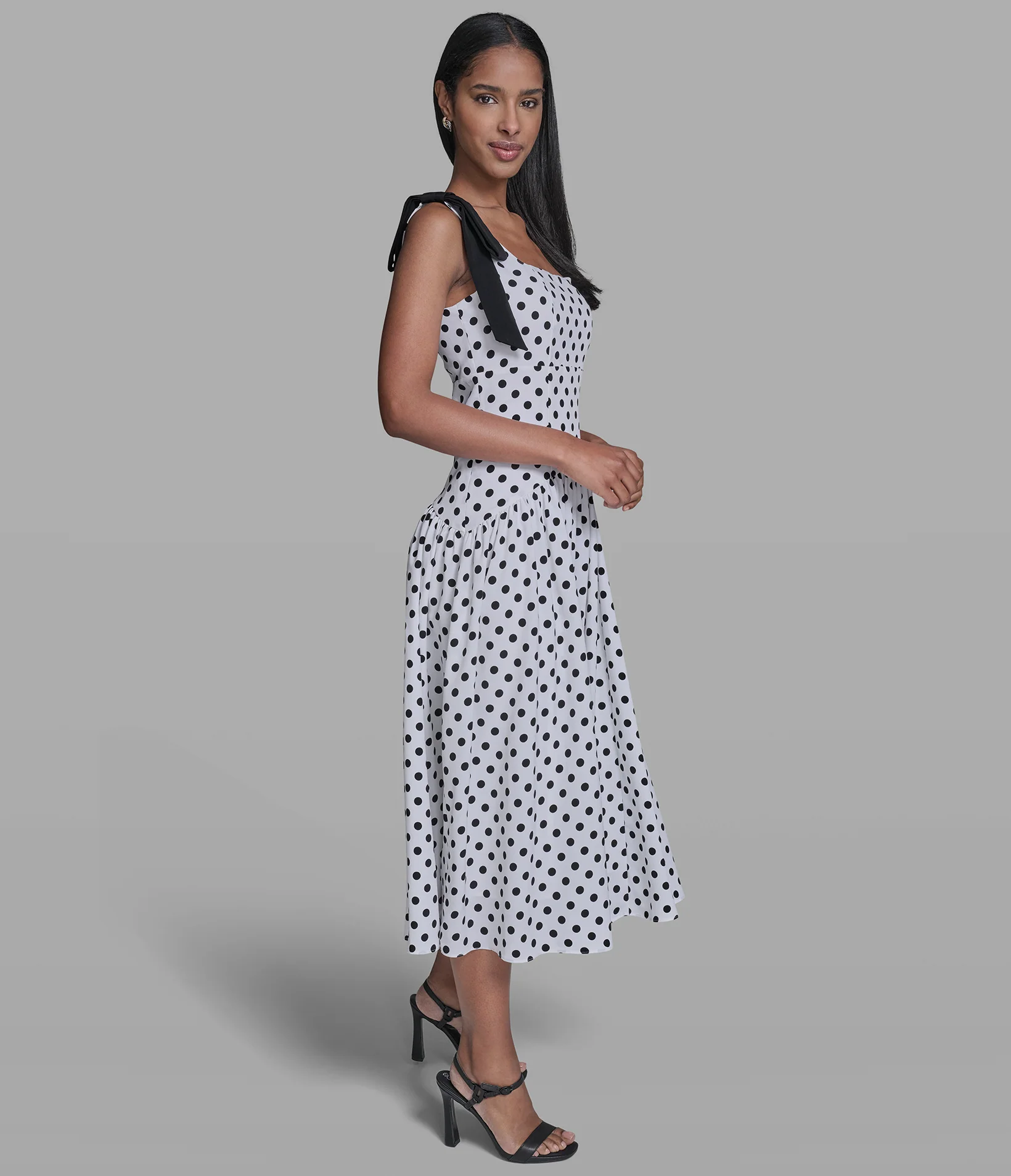 BOW STRAP POLKA DOT MIDI DRESS - Image 3
