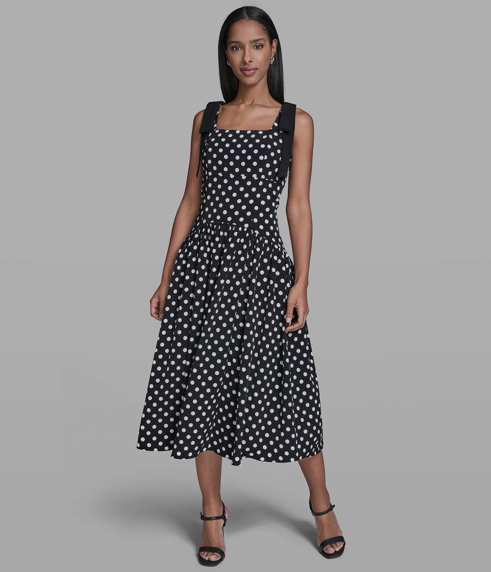 BOW STRAP POLKA DOT MIDI DRESS