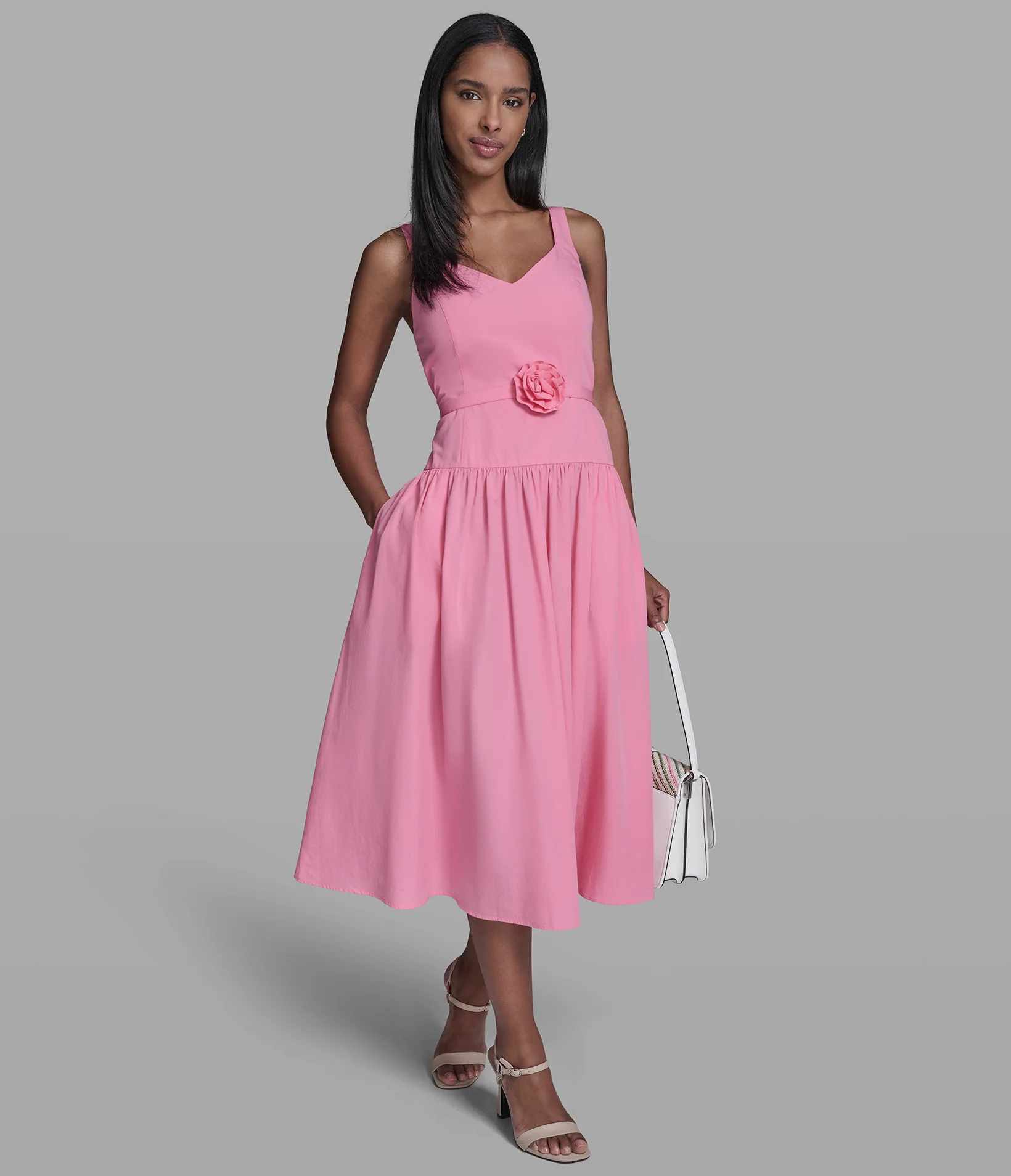 COTTON POPLIN MIDI DRESS WITH FLOWER BELT - Image 4