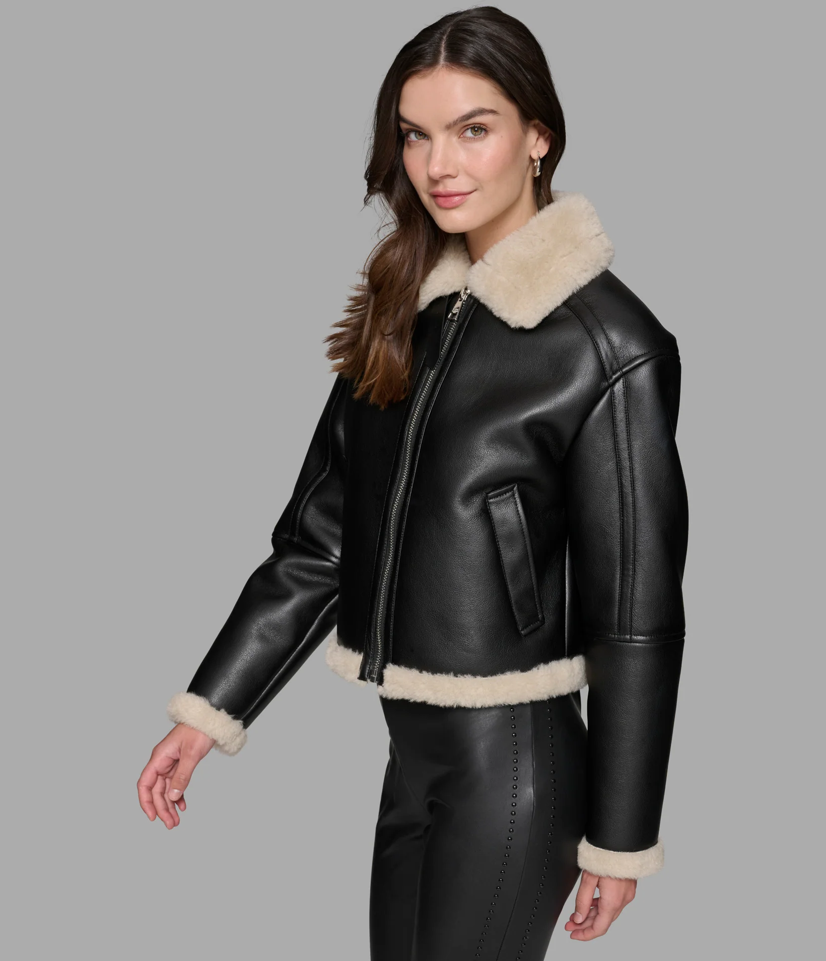 CROPPED FAUX LEATHER JACKET WITH FAUX SHEARLING - Image 4